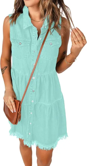 luvamia Women's Casual Summer Lapel Sleeveless Button Down Short Denim Jean Dress