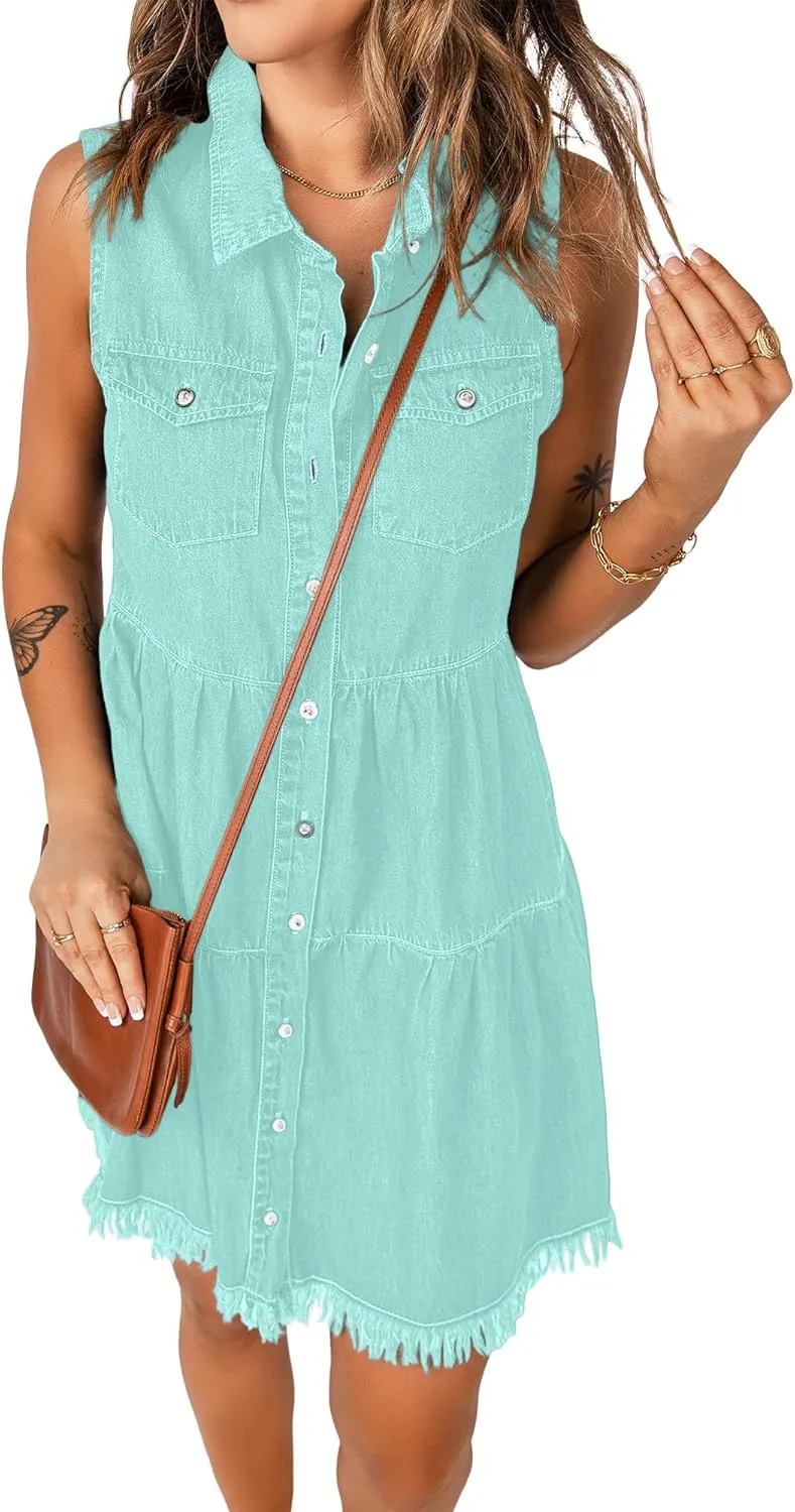 luvamia Women's Casual Summer Lapel Sleeveless Button Down Short Denim Jean Dress