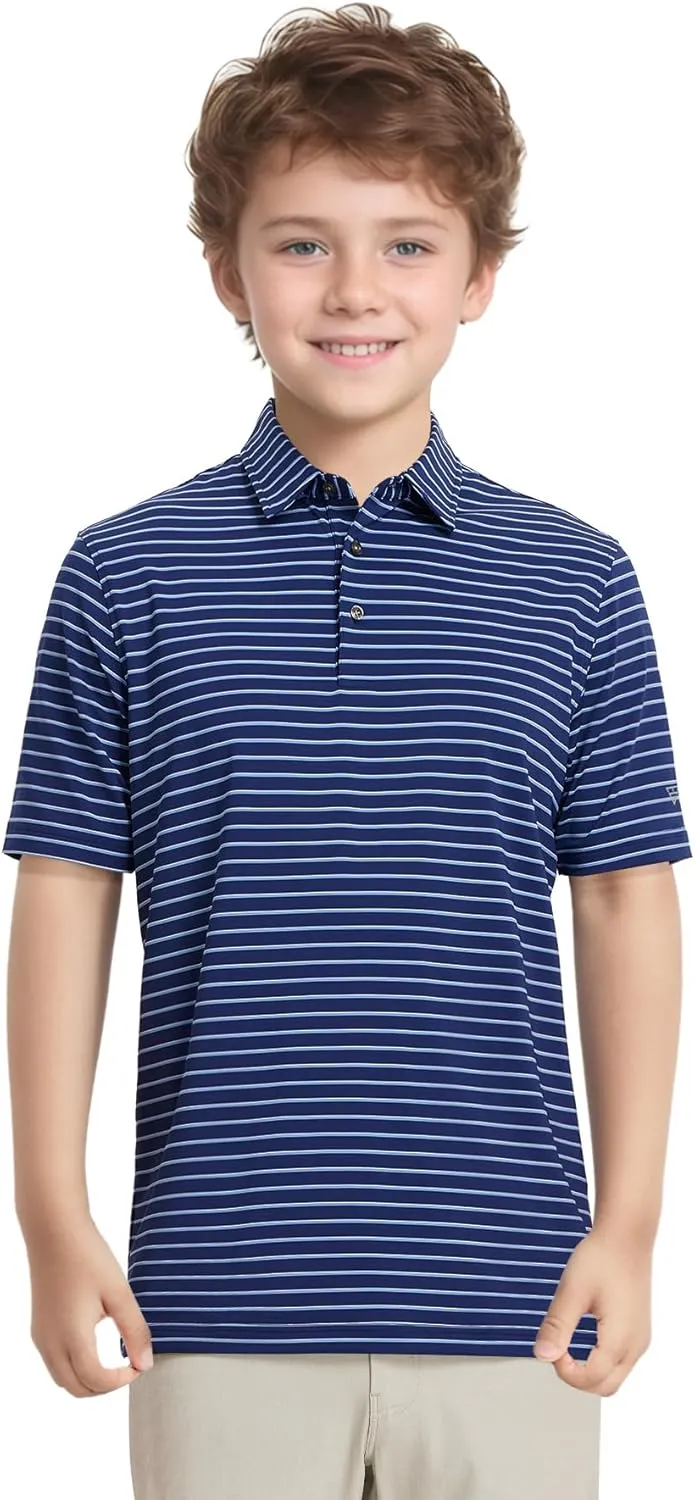 M MAELREG Boys' Polo Shirt Striped Short Sleeve Moisture Wicking Performance Stretch Active Casual Collared Kids Golf Shirt