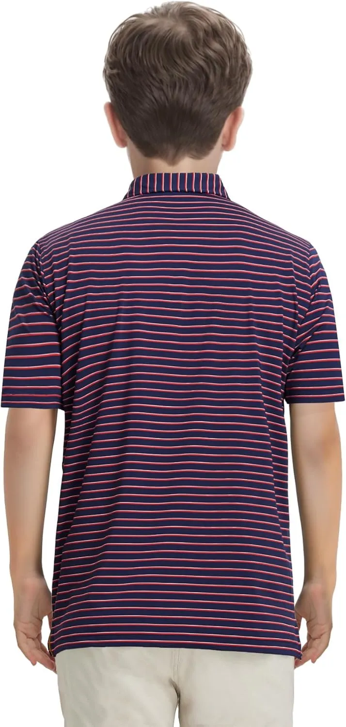 M MAELREG Boys' Polo Shirt Striped Short Sleeve Moisture Wicking Performance Stretch Active Casual Collared Kids Golf Shirt