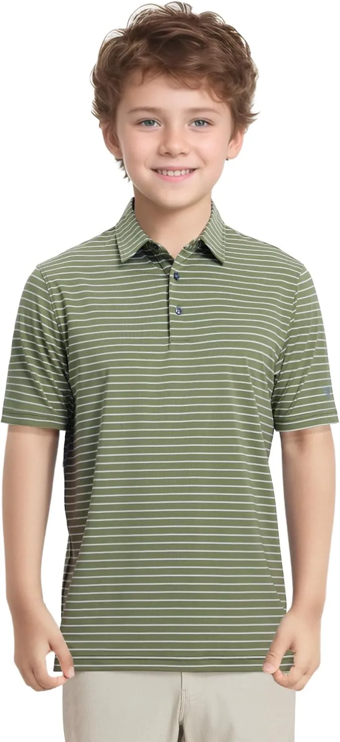M MAELREG Boys' Polo Shirt Striped Short Sleeve Moisture Wicking Performance Stretch Active Casual Collared Kids Golf Shirt