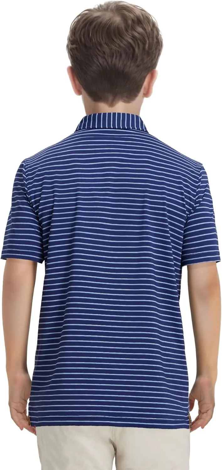M MAELREG Boys' Polo Shirt Striped Short Sleeve Moisture Wicking Performance Stretch Active Casual Collared Kids Golf Shirt
