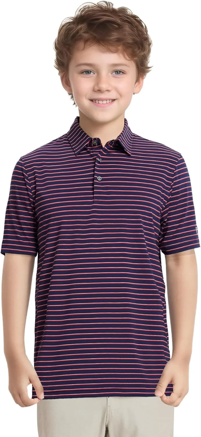M MAELREG Boys' Polo Shirt Striped Short Sleeve Moisture Wicking Performance Stretch Active Casual Collared Kids Golf Shirt