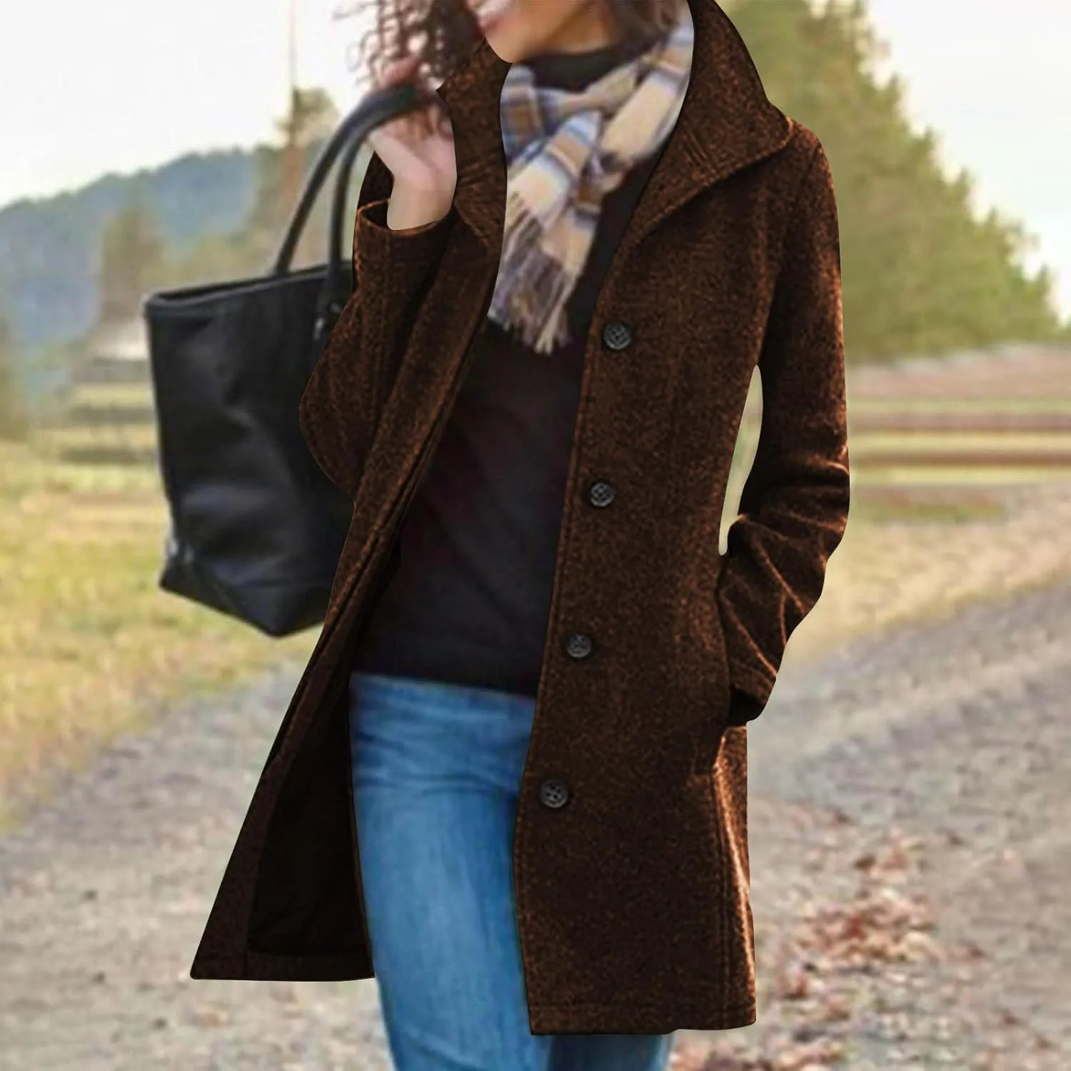 maisdgop Trench Coat Women Faux Wool Single Breasted Pea Coat Mid Length Jackets Oversized Loose Long Sleeve Windbreaker