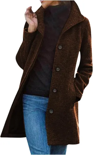 maisdgop Trench Coat Women Faux Wool Single Breasted Pea Coat Mid Length Jackets Oversized Loose Long Sleeve Windbreaker