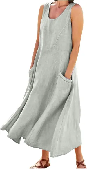 Maxi Dress for Women Linen Dress Summer Sun Dresses 2025 Sleeveless Swing Casual Long Formal with Pockects