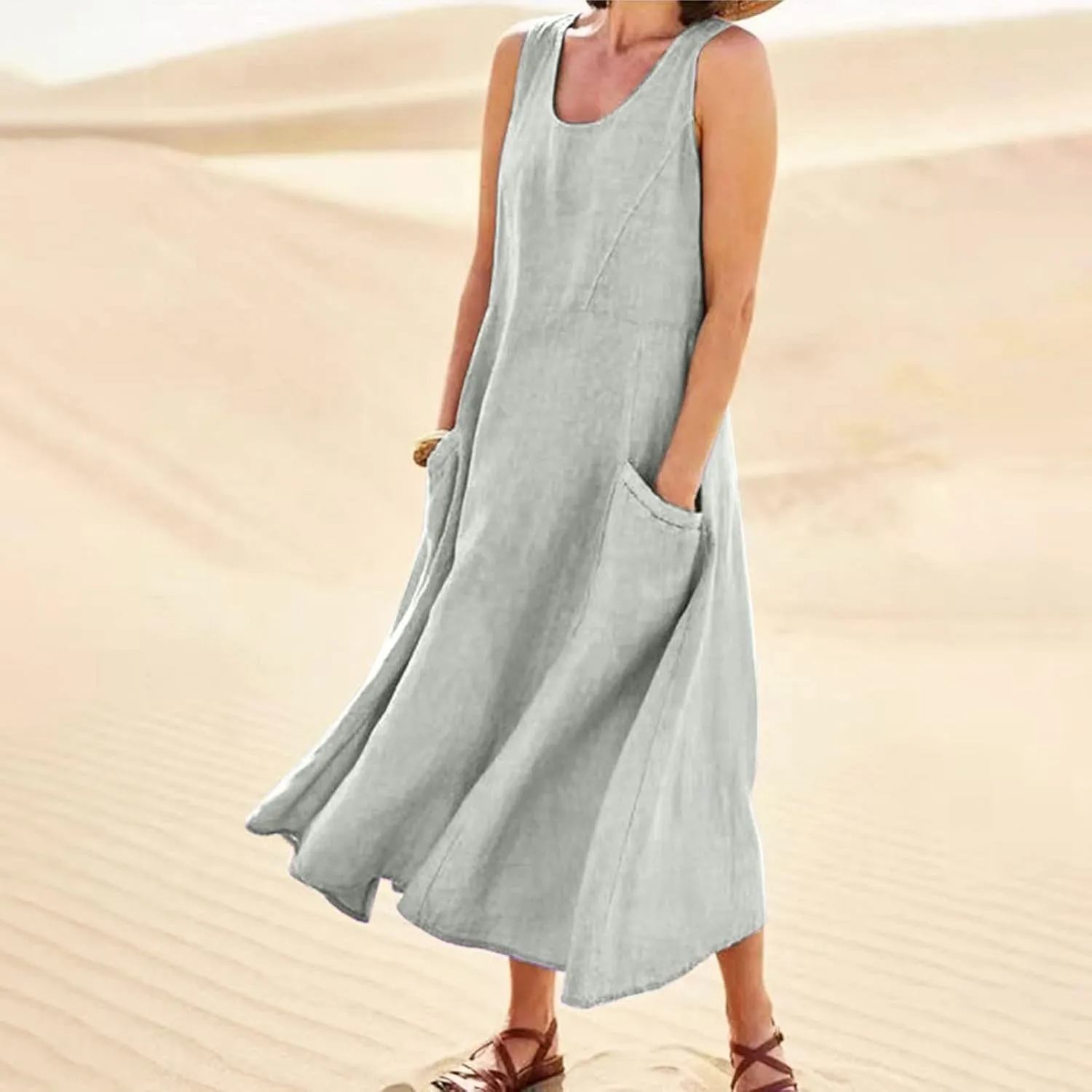 Maxi Dress for Women Linen Dress Summer Sun Dresses 2025 Sleeveless Swing Casual Long Formal with Pockects