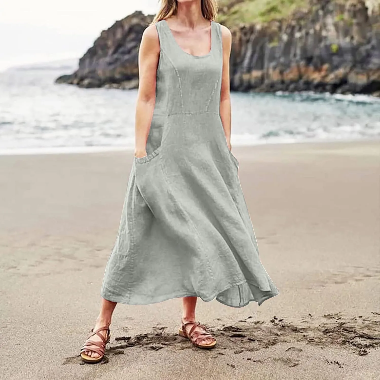 Maxi Dress for Women Linen Dress Summer Sun Dresses 2025 Sleeveless Swing Casual Long Formal with Pockects