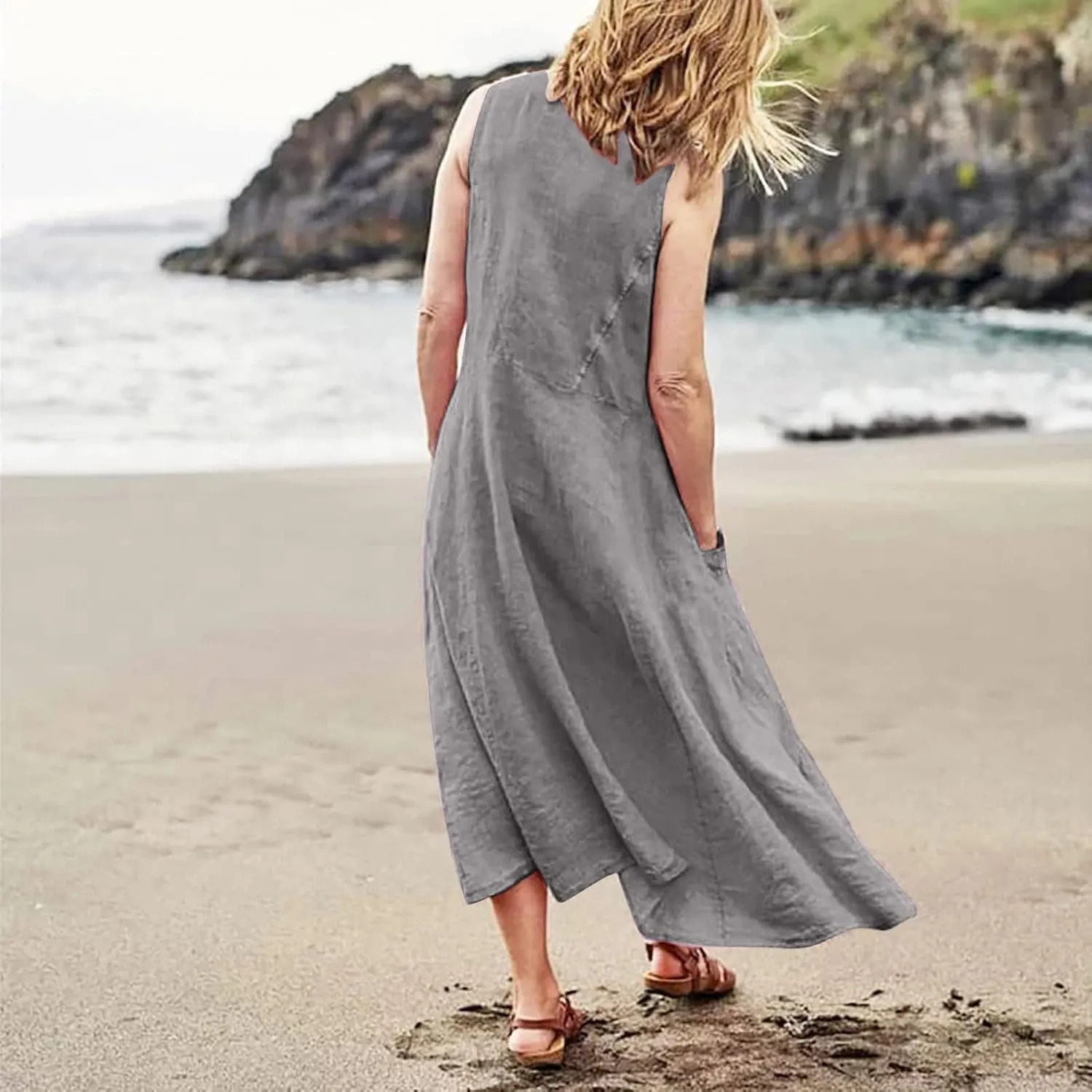 Maxi Dress for Women Linen Dress Summer Sun Dresses 2025 Sleeveless Swing Casual Long Formal with Pockects