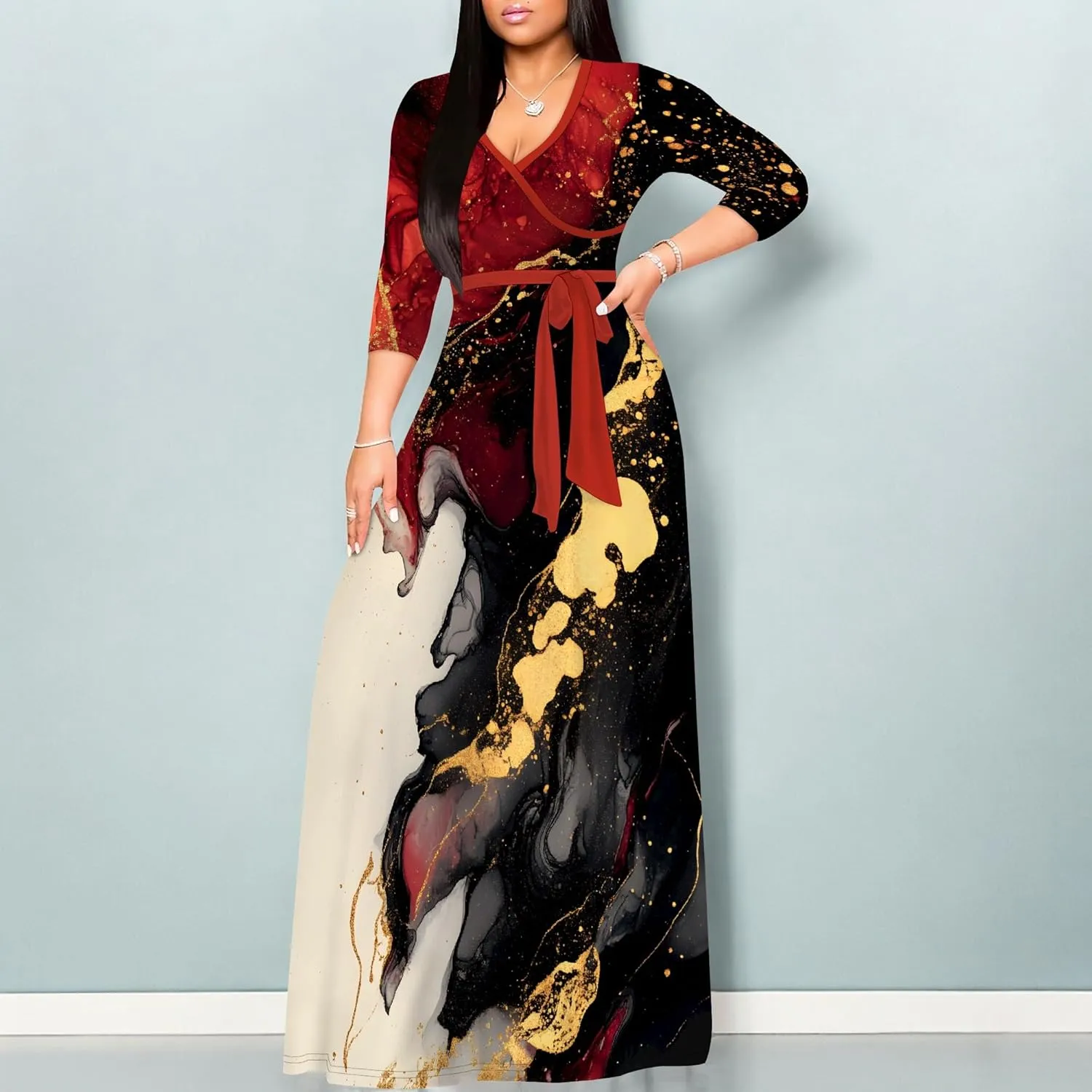 Maxi Dress Women Casual Print Waist wrap Long Dress Sexy V-Neck 3/4 Sleeve Wedding Guest Cocktail S-3XL
