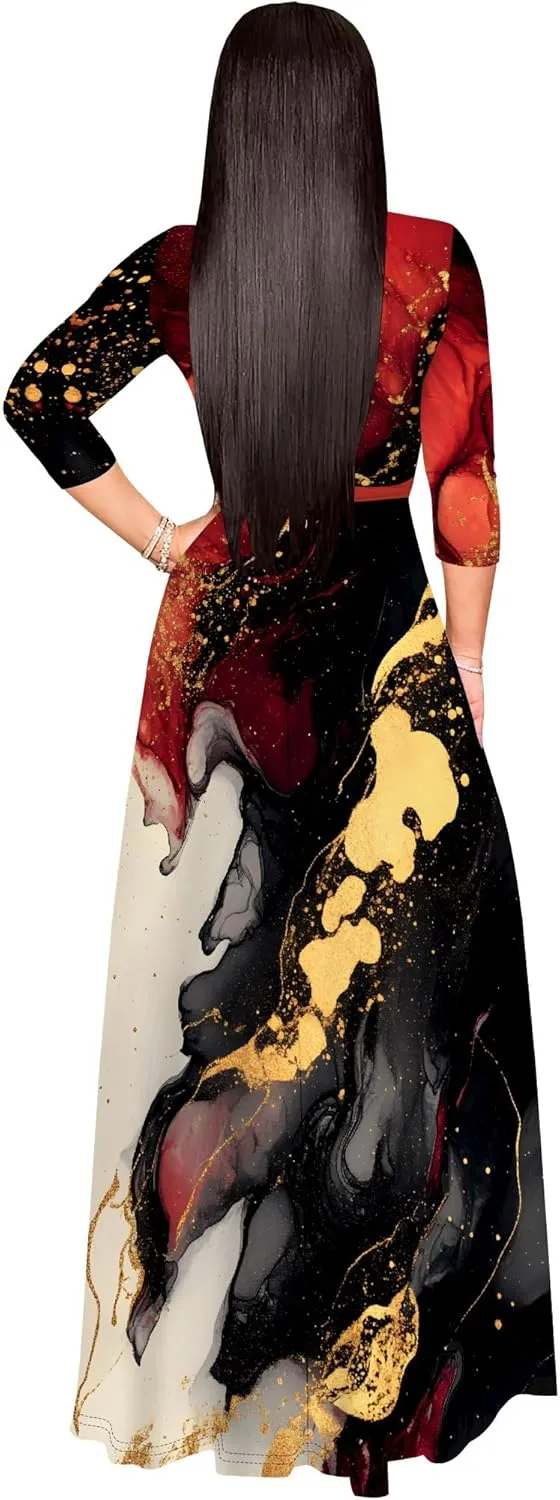 Maxi Dress Women Casual Print Waist wrap Long Dress Sexy V-Neck 3/4 Sleeve Wedding Guest Cocktail S-3XL