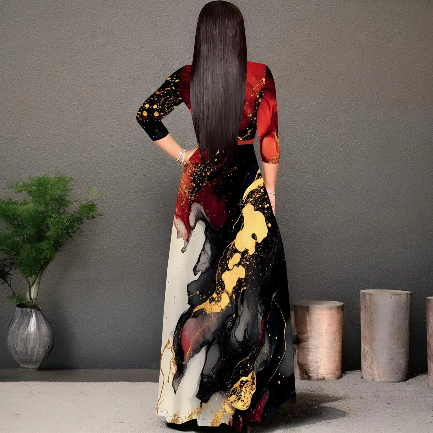 Maxi Dress Women Casual Print Waist wrap Long Dress Sexy V-Neck 3/4 Sleeve Wedding Guest Cocktail S-3XL