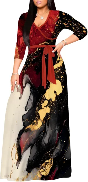 Maxi Dress Women Casual Print Waist wrap Long Dress Sexy V-Neck 3/4 Sleeve Wedding Guest Cocktail S-3XL