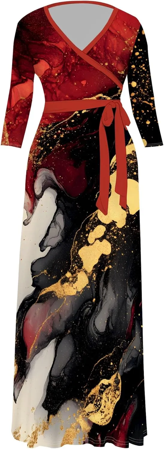 Maxi Dress Women Casual Print Waist wrap Long Dress Sexy V-Neck 3/4 Sleeve Wedding Guest Cocktail S-3XL