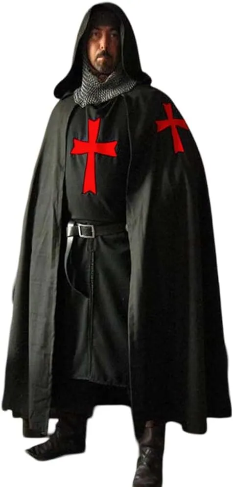 Medieval Crusader Knight Heraldry Long Templar Hospitaller Surcoat with Hooded Cloak Robe for Halloween|Cosplay LARP Costume