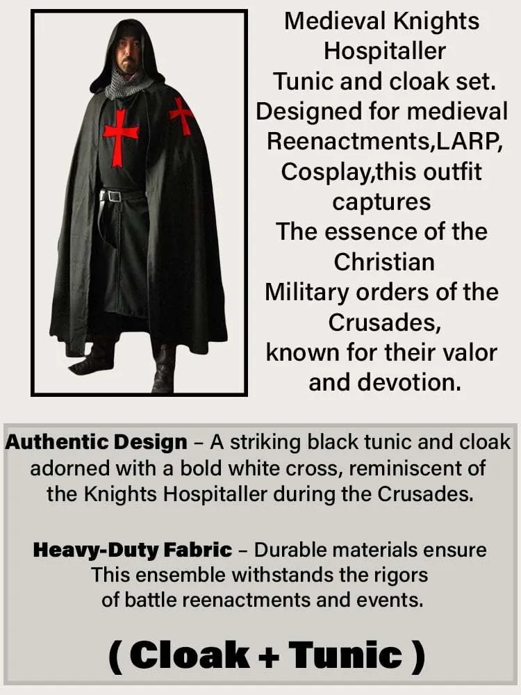 Medieval Crusader Knight Heraldry Long Templar Hospitaller Surcoat with Hooded Cloak Robe for Halloween|Cosplay LARP Costume