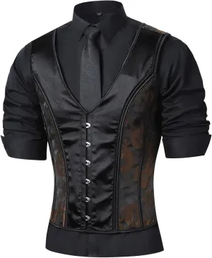 Men Corset Vest Dress Waistcoat Vintage Brown Print Lace Up Bones Waist Trainer 6 Buckles Tight Tops Party Stage