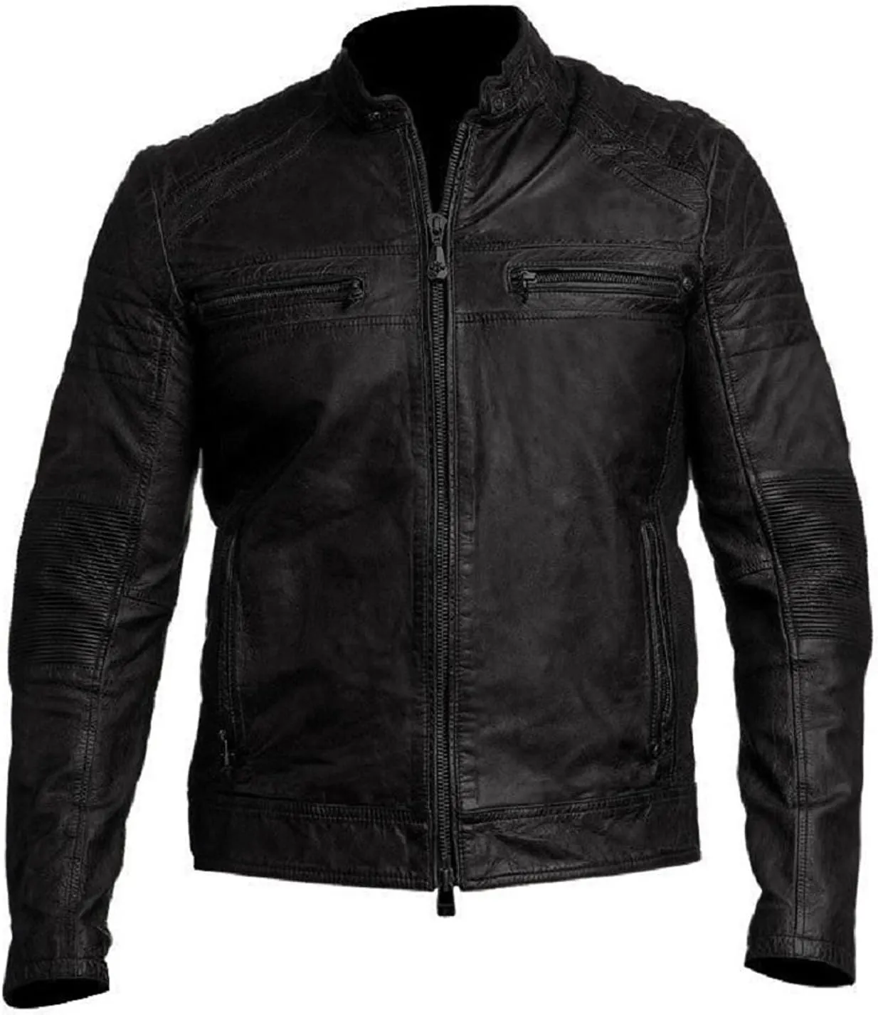 Men Leather Jacket - Mens Cafe Racer Motorcycle Jacket - Distressed Lambskin Biker Leather Jackets for Men