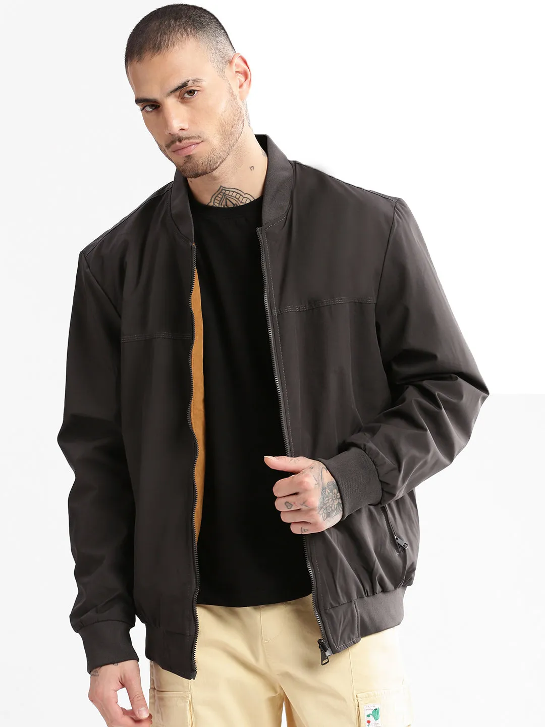 Men Mandarin Collar Grey Solid Bomber Over sized Reversible Jacket