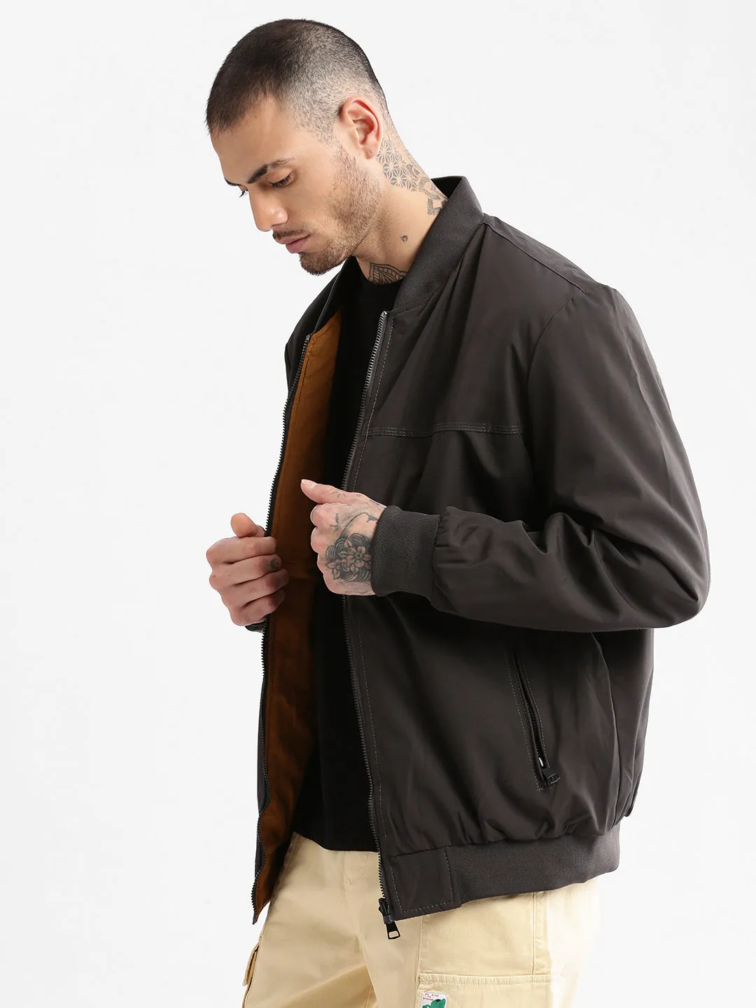 Men Mandarin Collar Grey Solid Bomber Over sized Reversible Jacket
