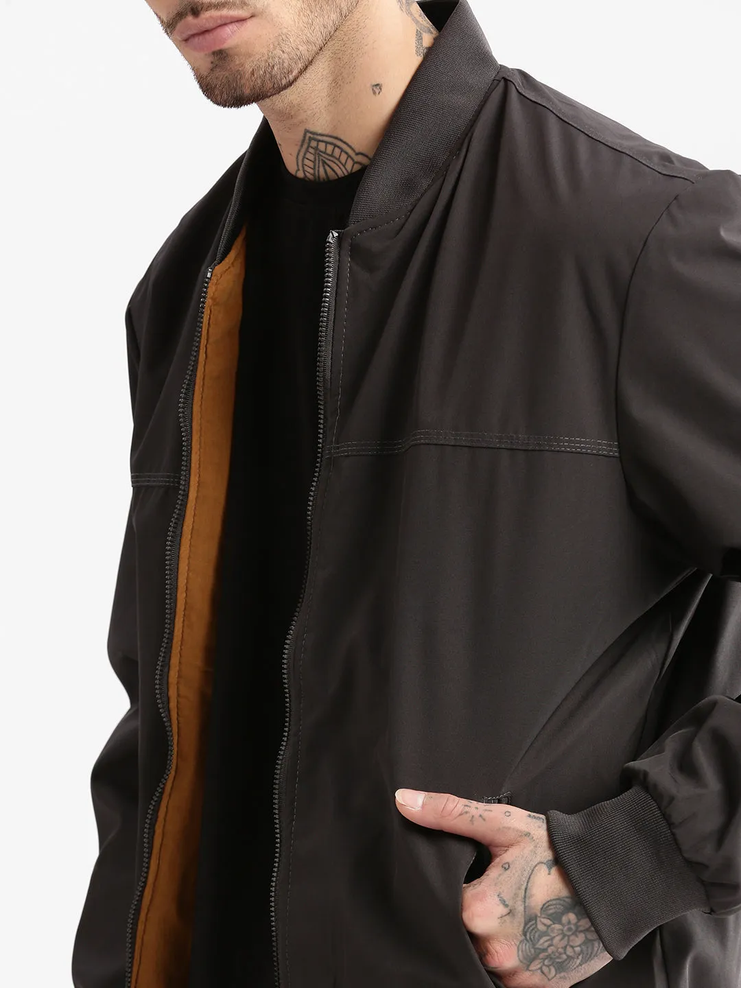 Men Mandarin Collar Grey Solid Bomber Over sized Reversible Jacket