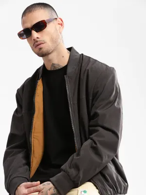 Men Mandarin Collar Grey Solid Bomber Over sized Reversible Jacket