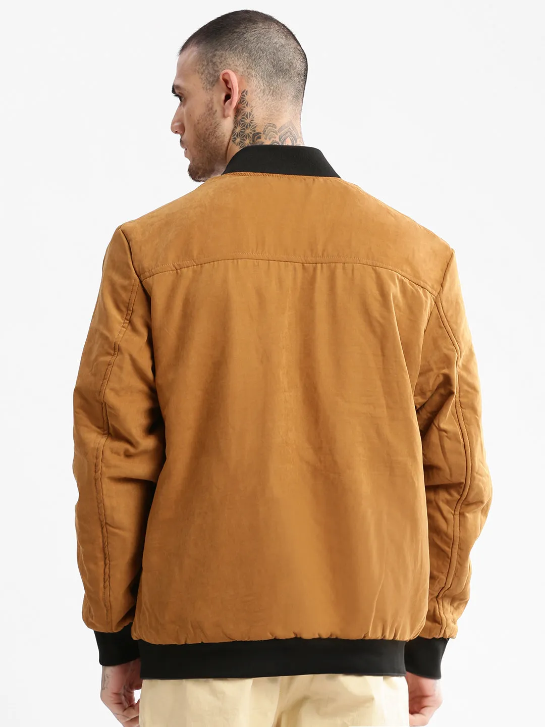 Men Mandarin Collar Grey Solid Bomber Over sized Reversible Jacket