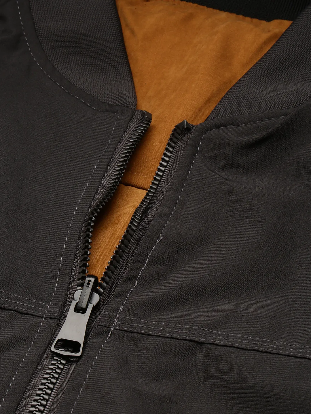 Men Mandarin Collar Grey Solid Bomber Over sized Reversible Jacket