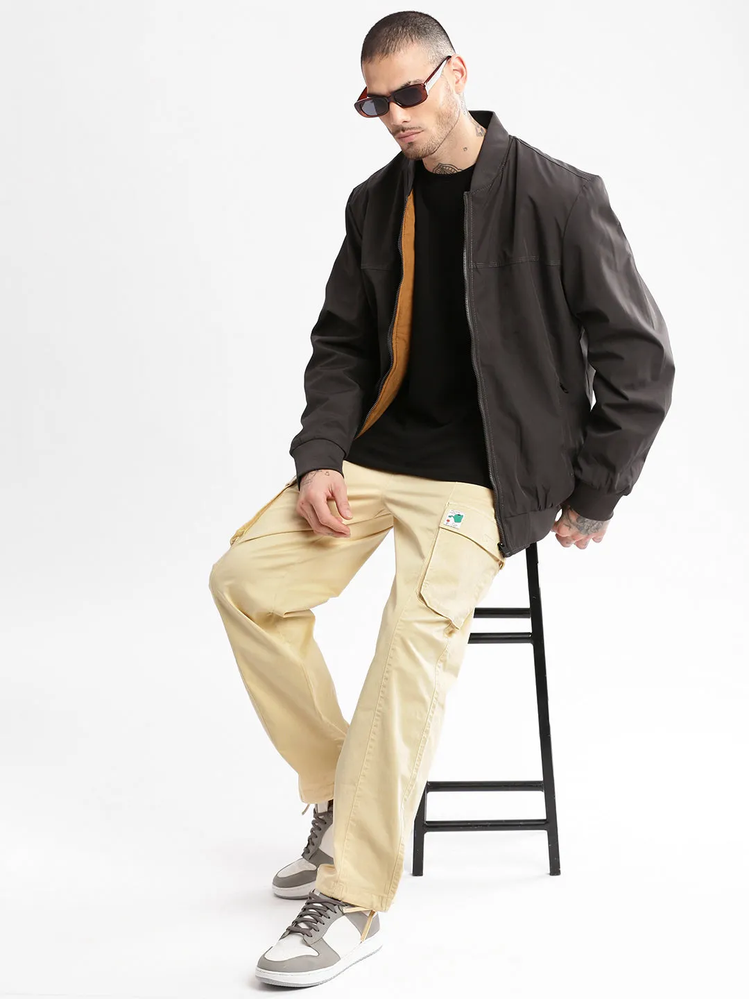 Men Mandarin Collar Grey Solid Bomber Over sized Reversible Jacket