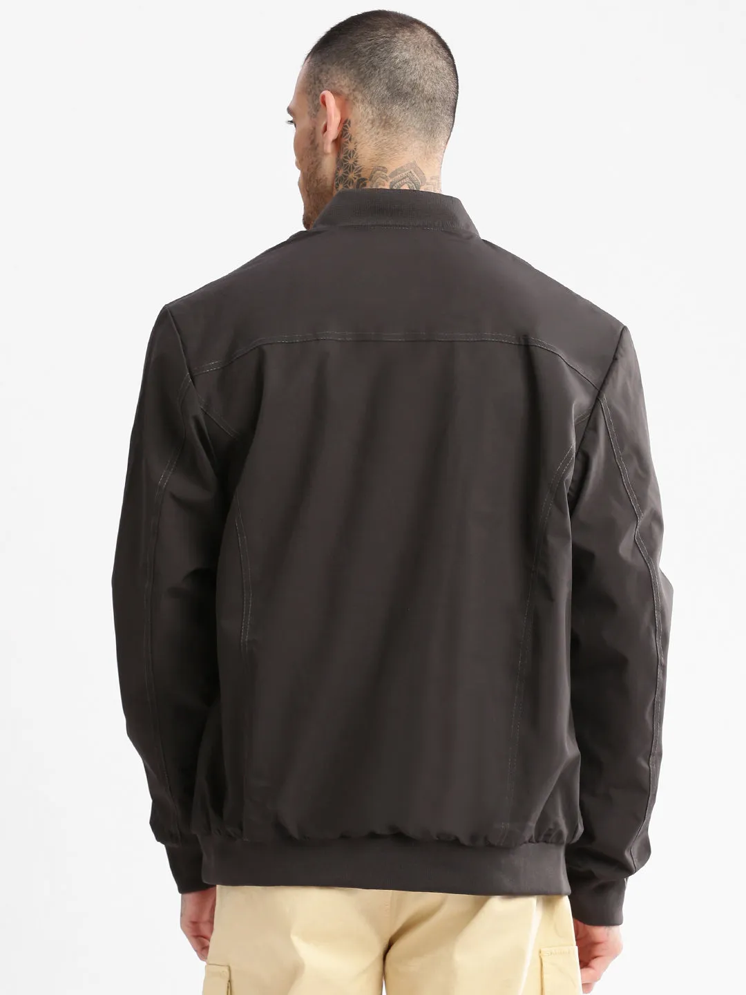 Men Mandarin Collar Grey Solid Bomber Over sized Reversible Jacket