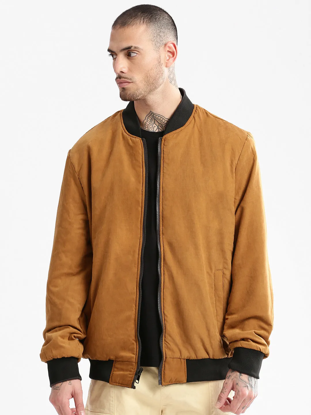 Men Mandarin Collar Grey Solid Bomber Over sized Reversible Jacket