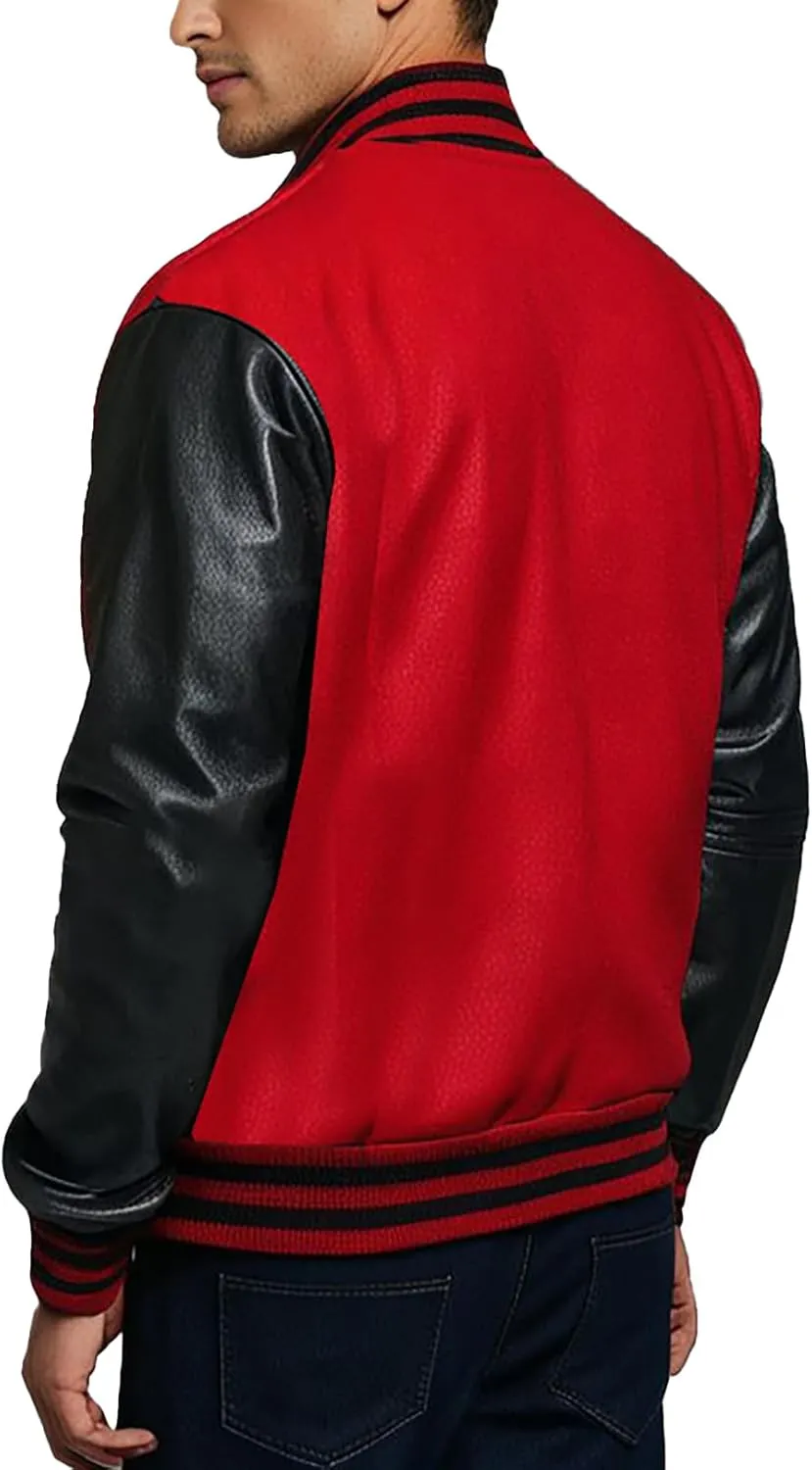 Mens Black Leather Letterman Varsity Collage Baseball Jacket - High School Jacket