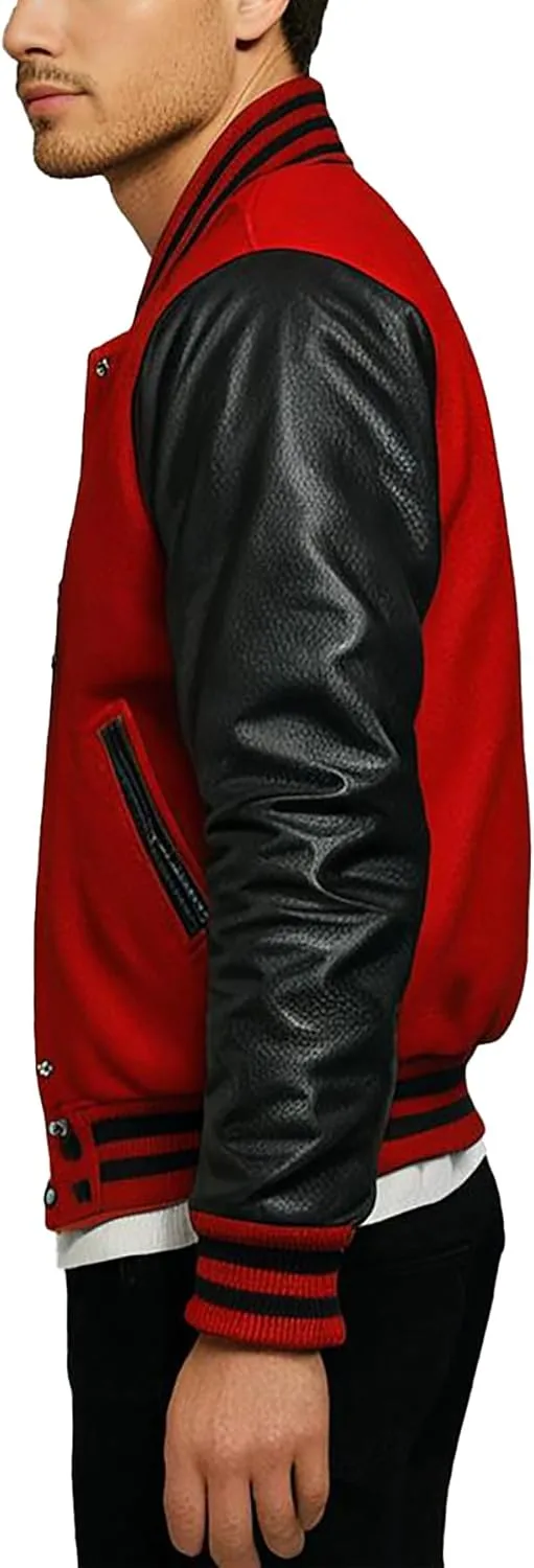 Mens Black Leather Letterman Varsity Collage Baseball Jacket - High School Jacket