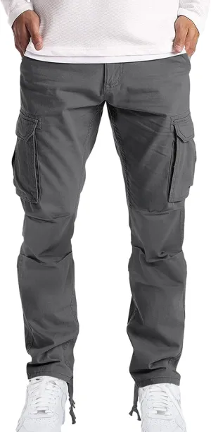 Mens Casual Cargo Pants Thin Lightweight Sweatpants Pleated Drawstring Pant Slim Fit Joggers Trousers Multi Pockets