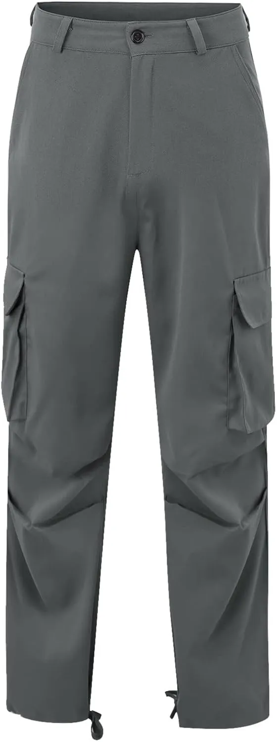 Mens Casual Cargo Pants Thin Lightweight Sweatpants Pleated Drawstring Pant Slim Fit Joggers Trousers Multi Pockets