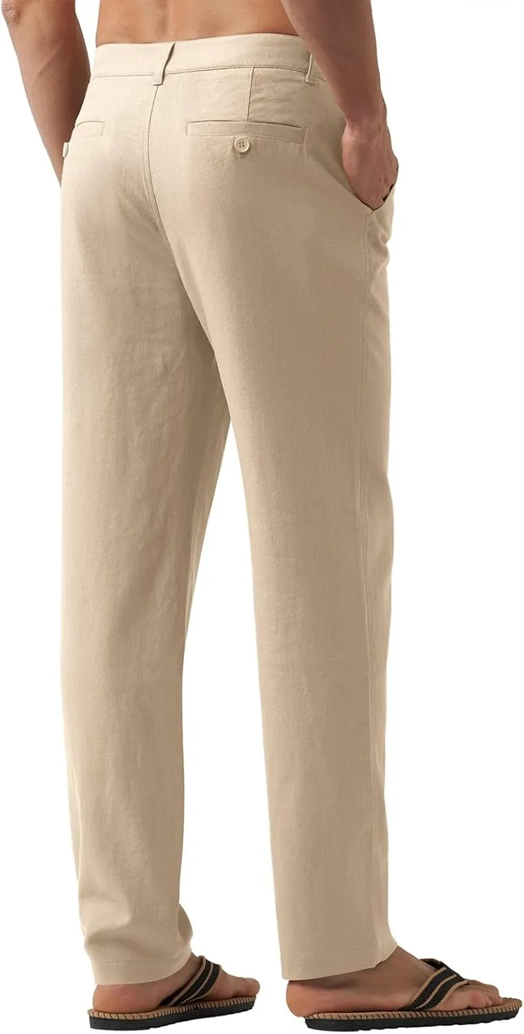 Men's Casual Linen Pants Summer Beach Yoga Pant Elastic Waist Drawstring Pants Lightweight Linen Loose Fit Trousers