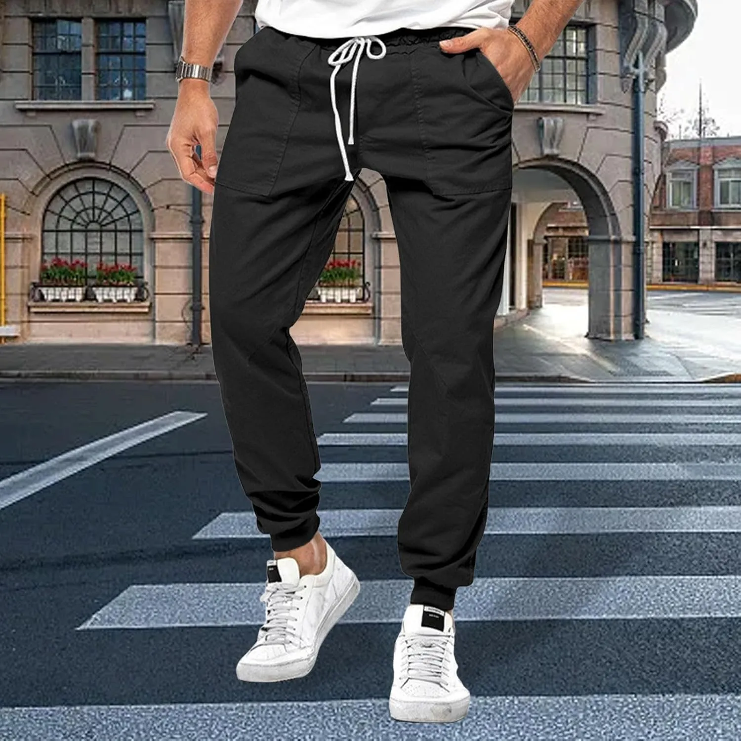 Mens Casual Pants Cotton Chino Cargo Pants for Hiking Outdoor Recreation Drawstring Sweatpants Twill Track Jogging for Men