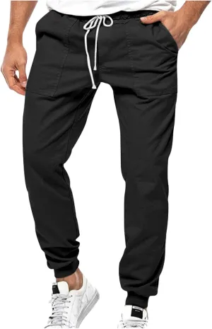 Mens Casual Pants Cotton Chino Cargo Pants for Hiking Outdoor Recreation Drawstring Sweatpants Twill Track Jogging for Men