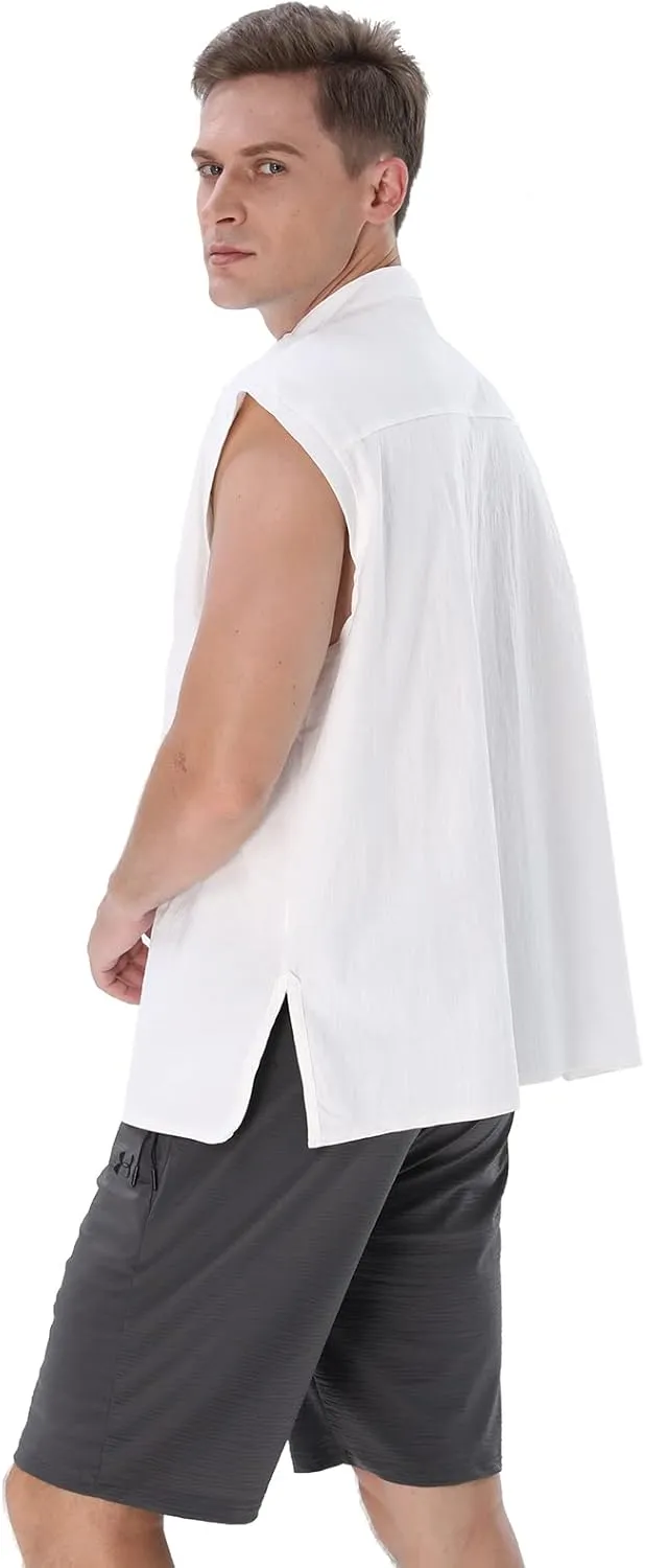 Men's Casual Shirt Cotton Linen Tank Tops Medieval Shirt Lace-Up Sleeveless Viking Renaissance Pirate Shirts for Men