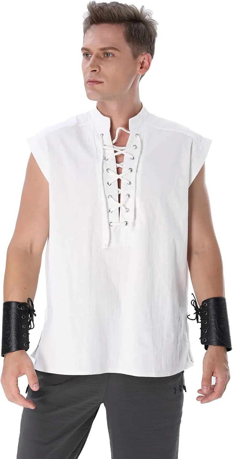 Men's Casual Shirt Cotton Linen Tank Tops Medieval Shirt Lace-Up Sleeveless Viking Renaissance Pirate Shirts for Men