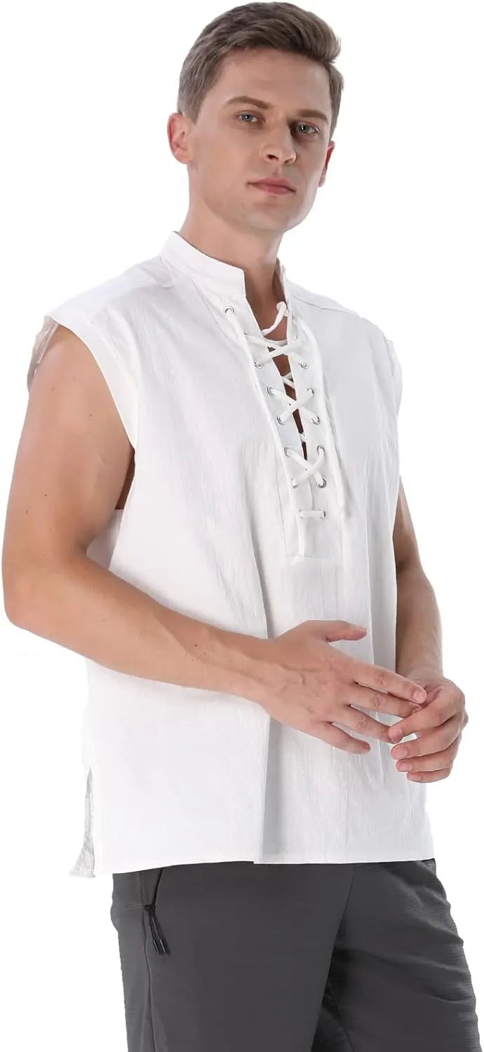 Men's Casual Shirt Cotton Linen Tank Tops Medieval Shirt Lace-Up Sleeveless Viking Renaissance Pirate Shirts for Men