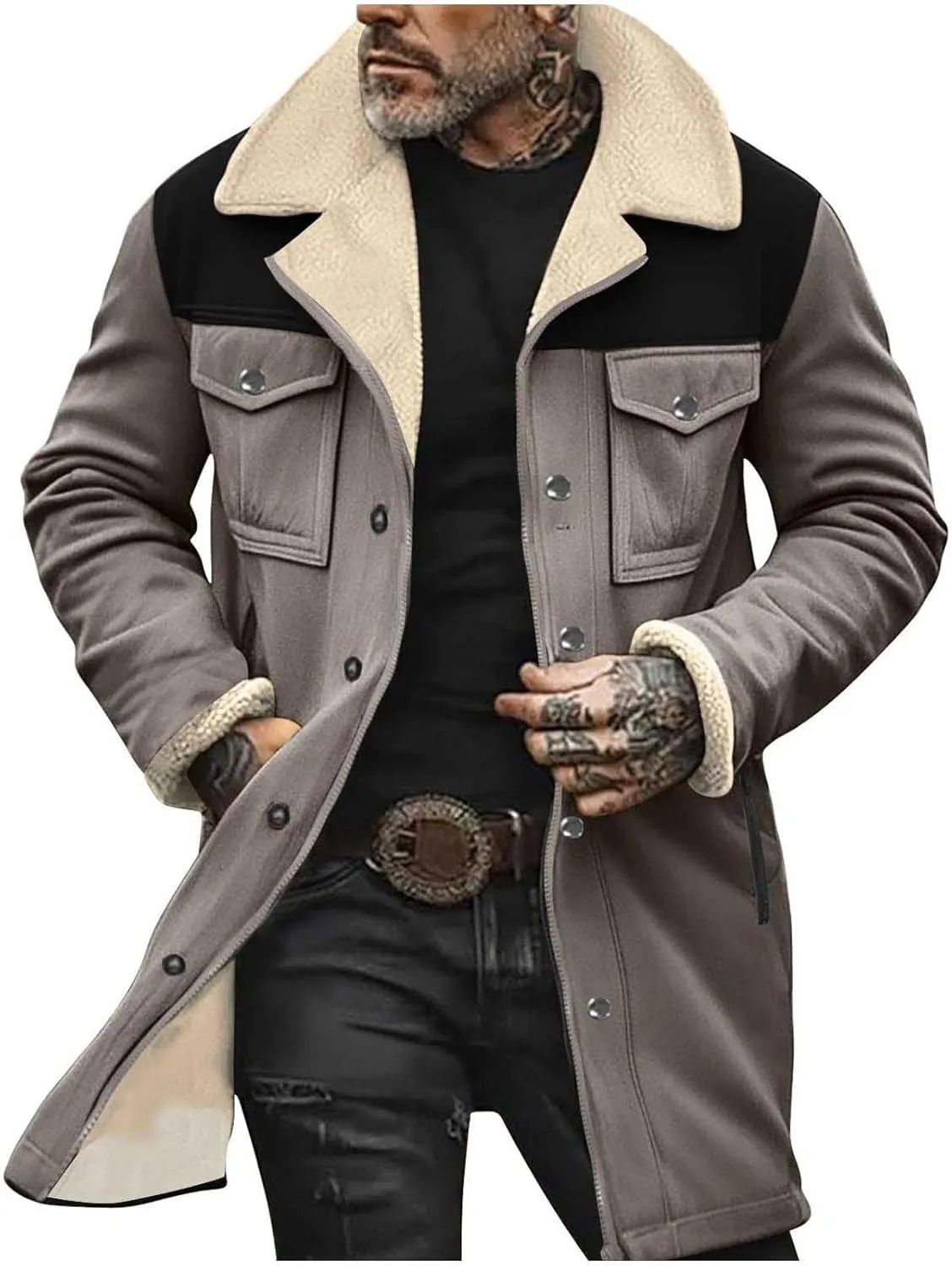 Men's Faux Shearling Sherpa Lined Overcoat Retro Faux Suede Trench Coat Notched Collar Pea Coat Button Down Outerwear