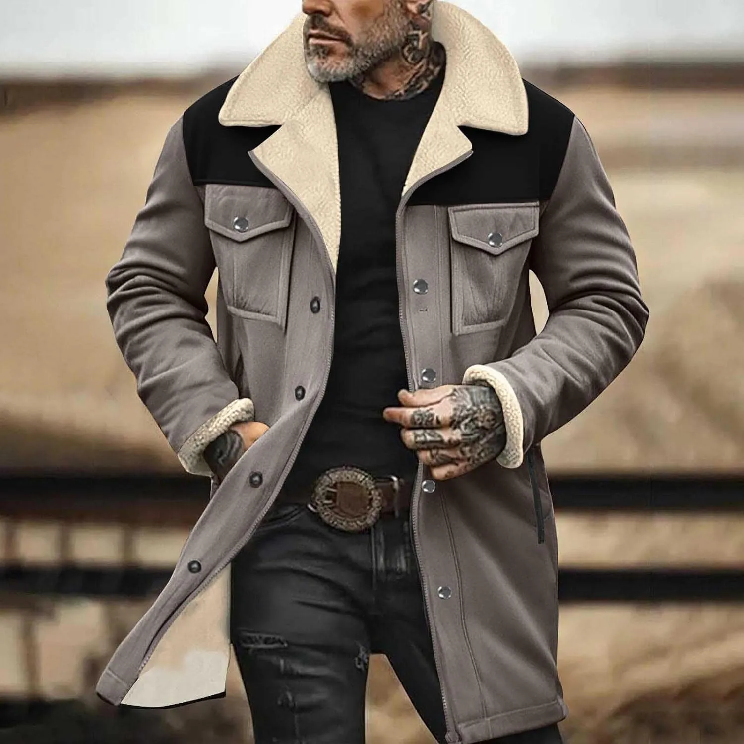 Men's Faux Shearling Sherpa Lined Overcoat Retro Faux Suede Trench Coat Notched Collar Pea Coat Button Down Outerwear
