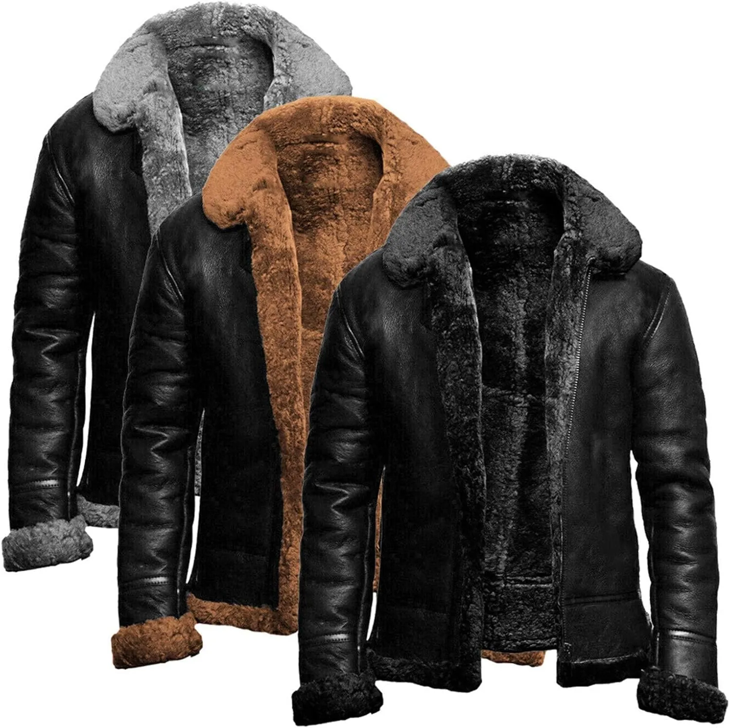 Men's Faux Suede Leather Jacket Sherpa Lined Suede Cardigan Long Jacket Zip Up Fuzzy Outwear Thicken Warm Coats