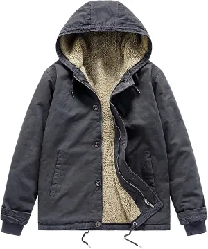 Mens Fleece Winter Coats Lambswool Warm Thick Hooded Parka Coats Pockets Drawstring Outdoor Padded Wark Cargo Jackets