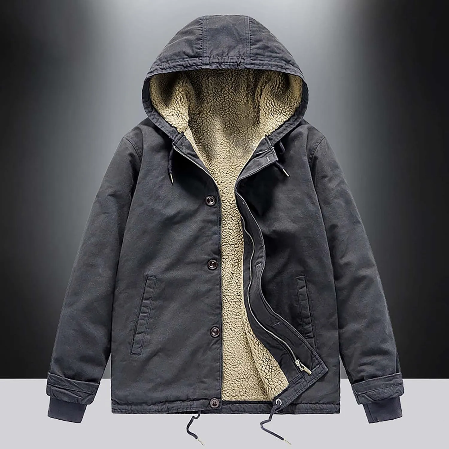 Mens Fleece Winter Coats Lambswool Warm Thick Hooded Parka Coats Pockets Drawstring Outdoor Padded Wark Cargo Jackets