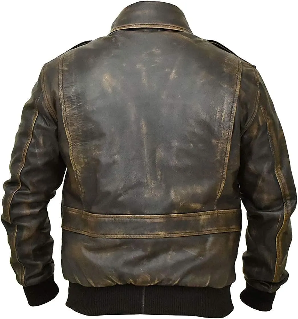 Mens G-1 Fur Collar US Navy Flight Distressed Brown Aviator Genuine Leather Jacket