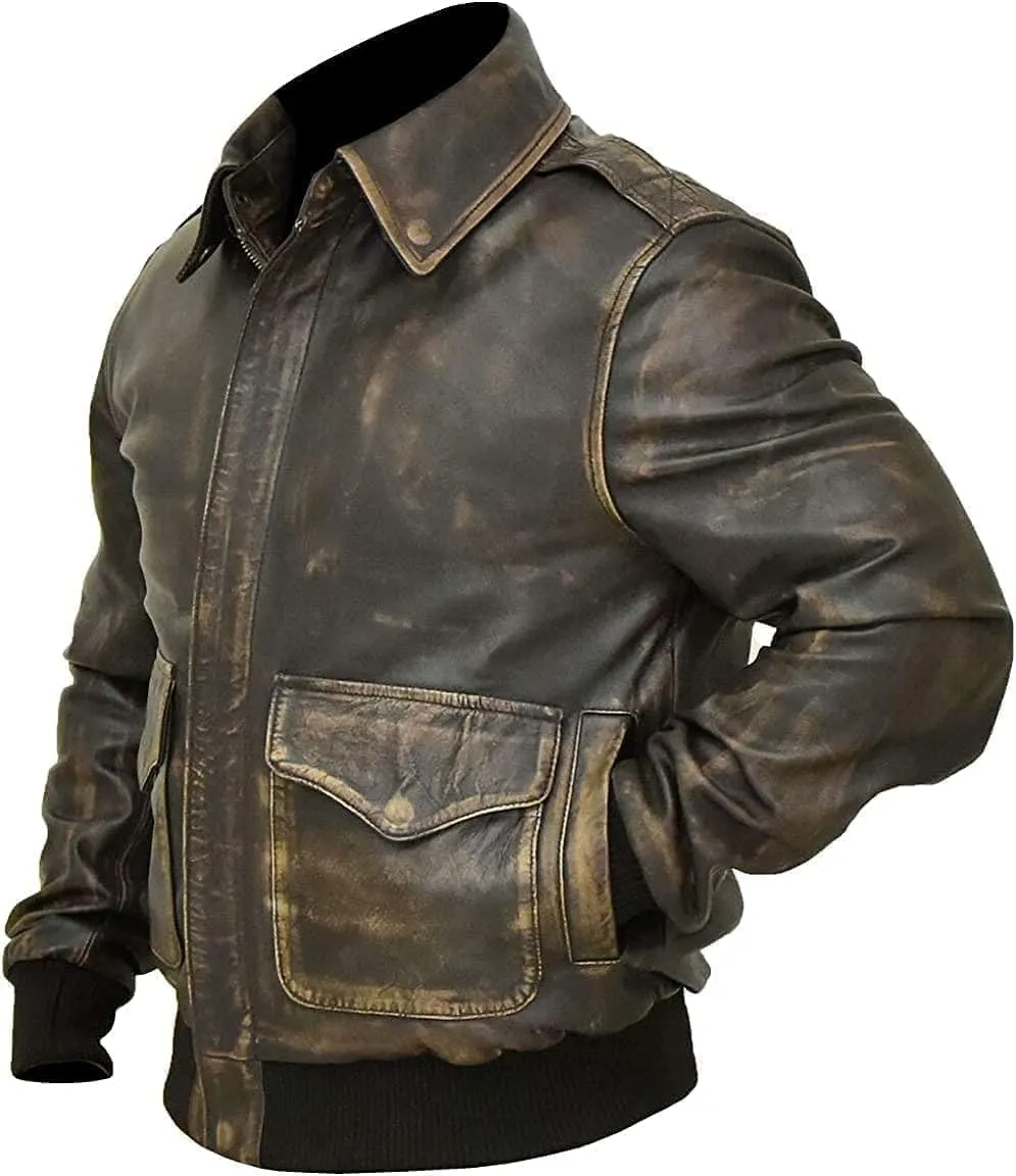 Mens G-1 Fur Collar US Navy Flight Distressed Brown Aviator Genuine Leather Jacket