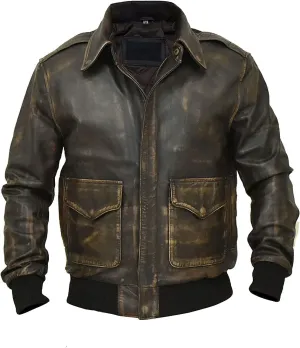 Mens G-1 Fur Collar US Navy Flight Distressed Brown Aviator Genuine Leather Jacket