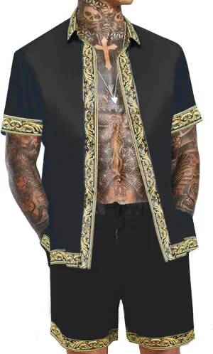 Men's Hawaiian Shirt and Short Set 2 Piece Outfits Luxury Printed Casual Button Down Short Sleeve Satin Shirt Suits